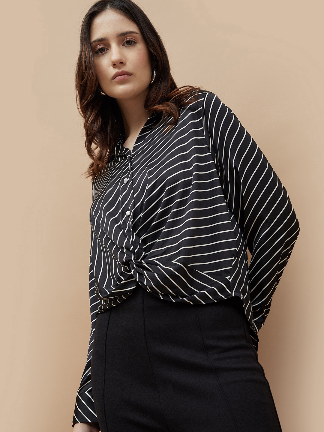 

CODE by Lifestyle Women Vertical Striped Shirt Collar Top, Black