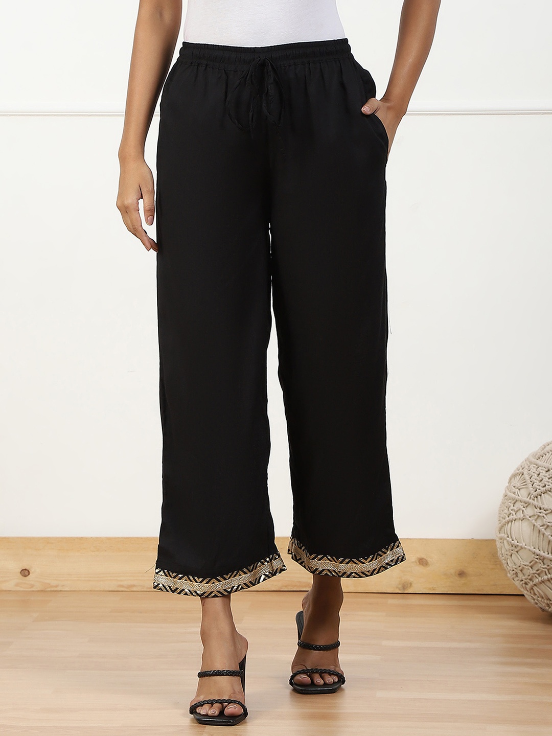 

Biba Women Ethnic Solid Knitted Palazzos, Black