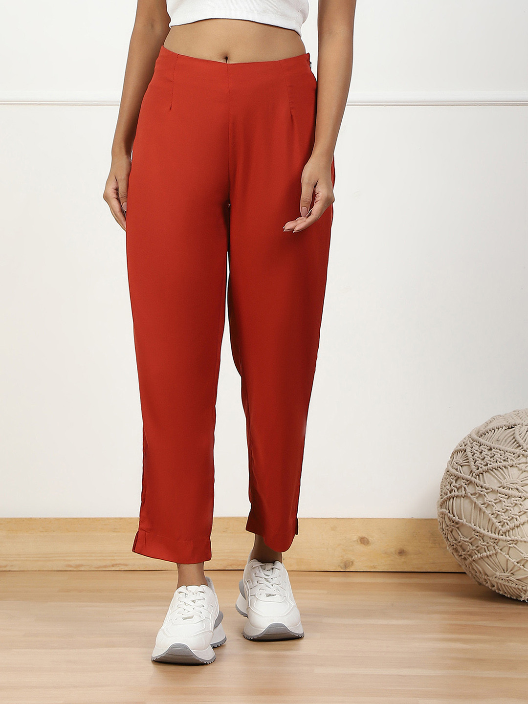 

Biba Women Solid Straight Fit Regular Trousers, Rust