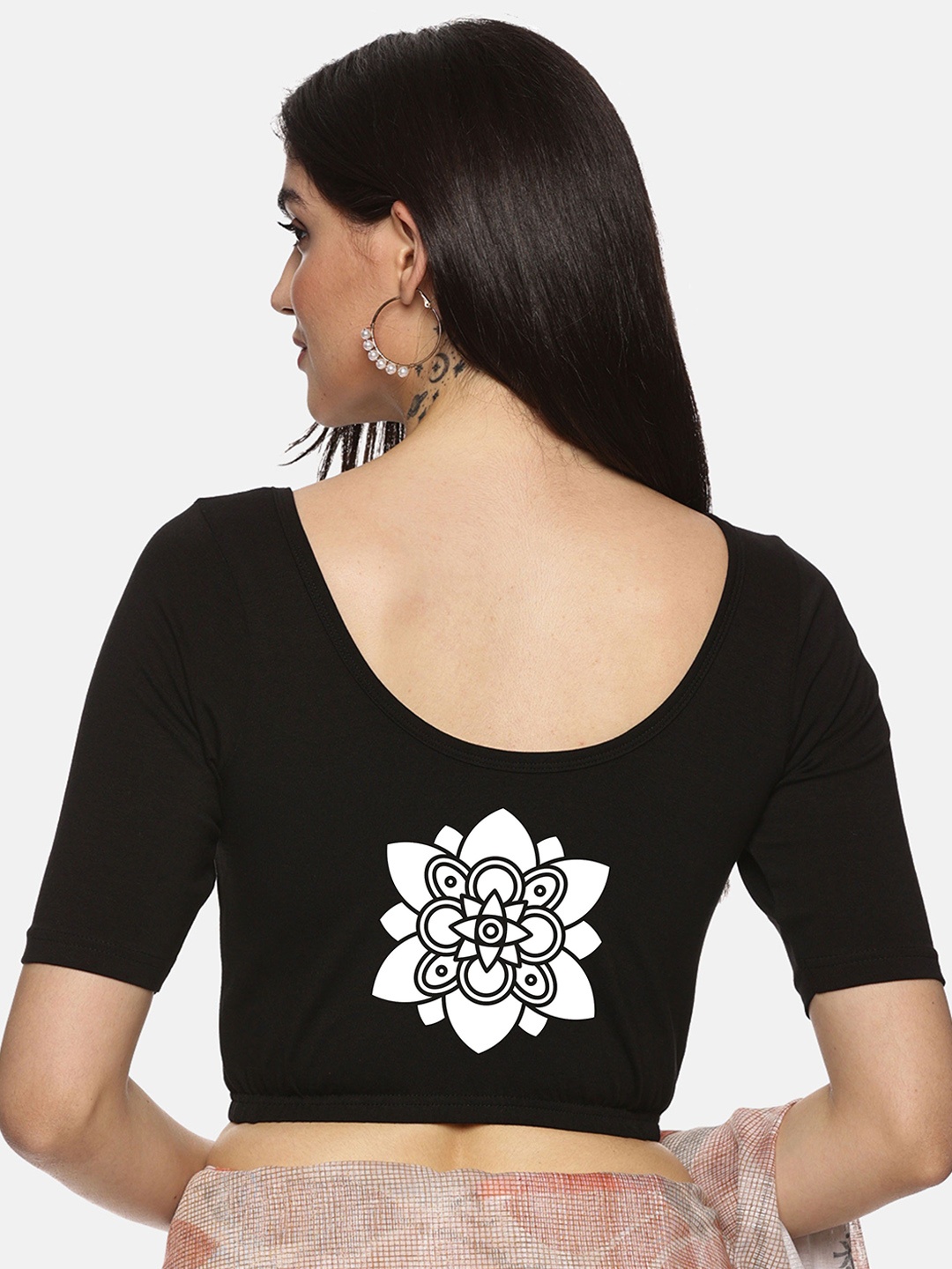 

NOT YET by us Plus Size Printed Round Neck Saree Blouse, Black