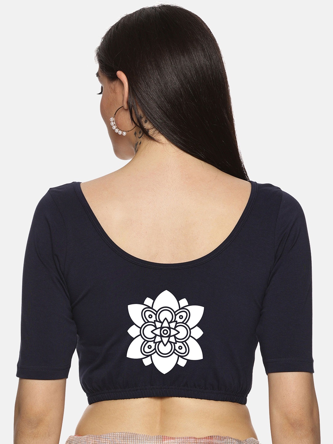 

NOT YET by us Plise Size Printed Non-Padded Stretchable Saree Blouse, Navy blue