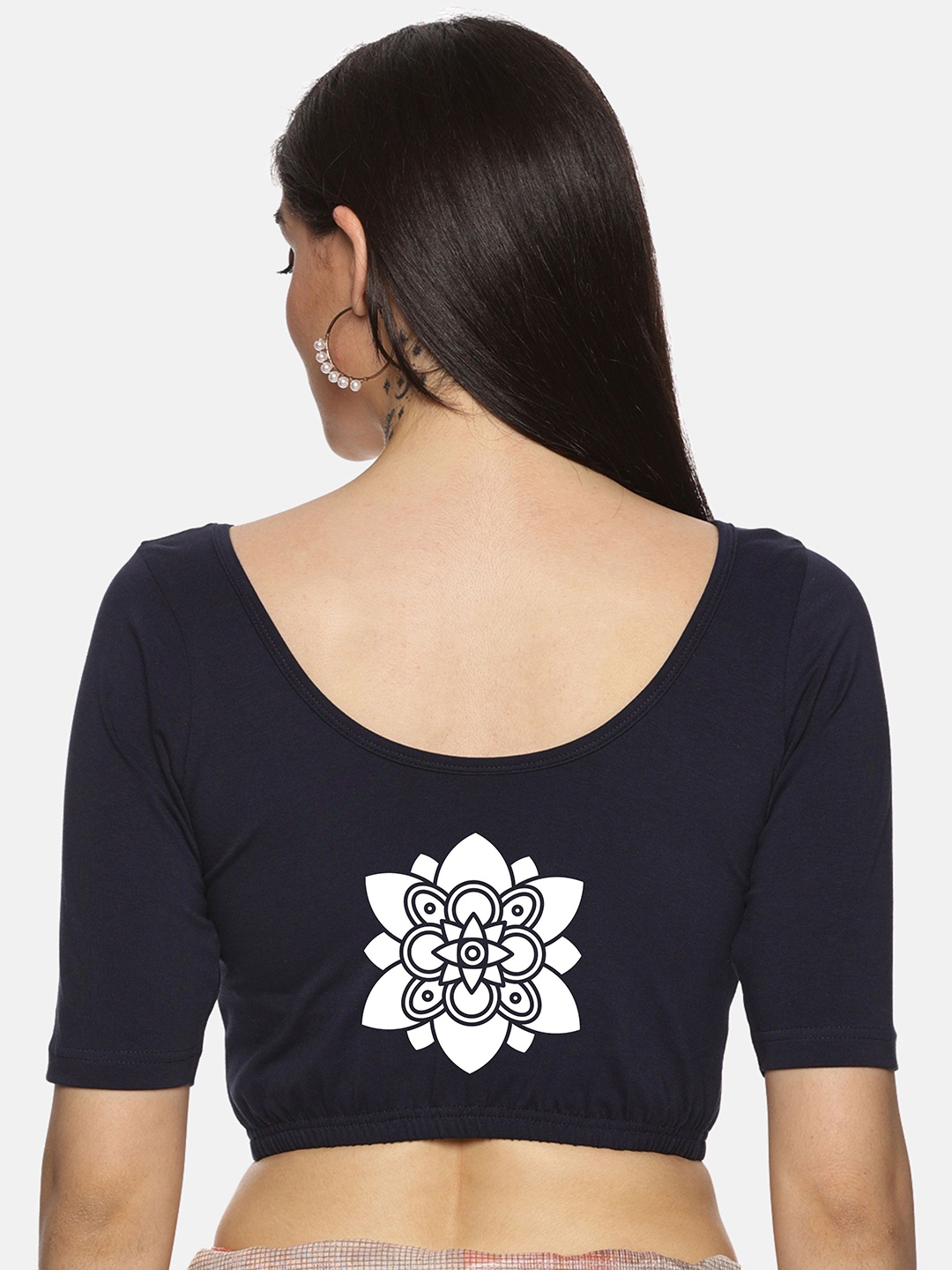 

NOT YET by us Pluse Size Printed Non-Padded Stretchable Saree Blouse, Navy blue
