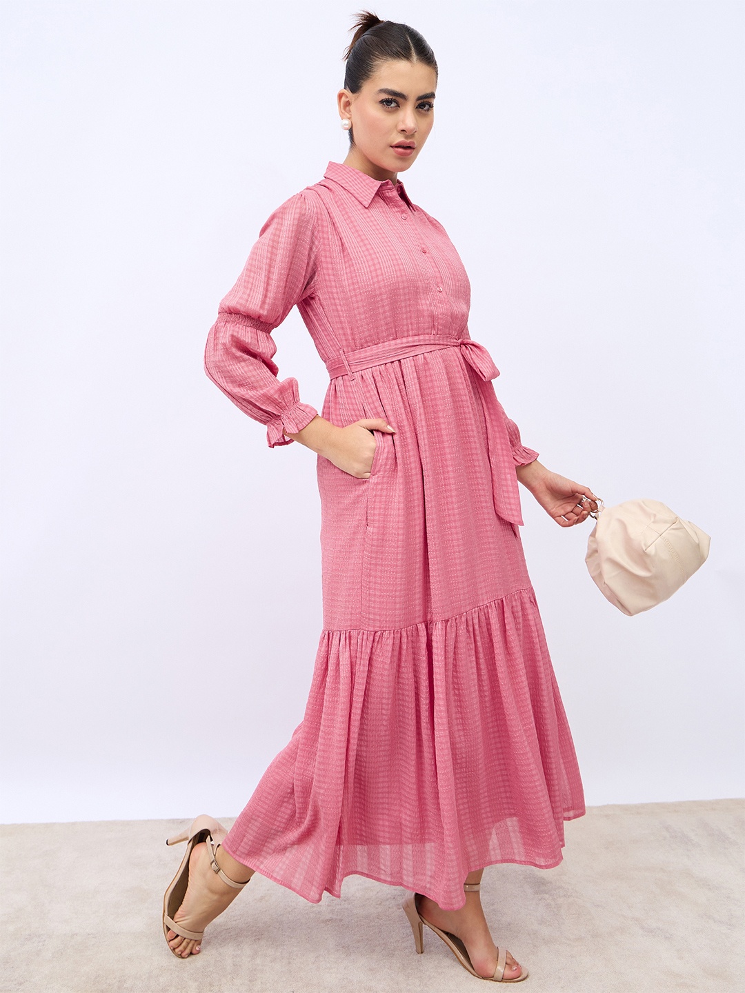 

Styli Tiered Maxi Shirt Dress, Pink