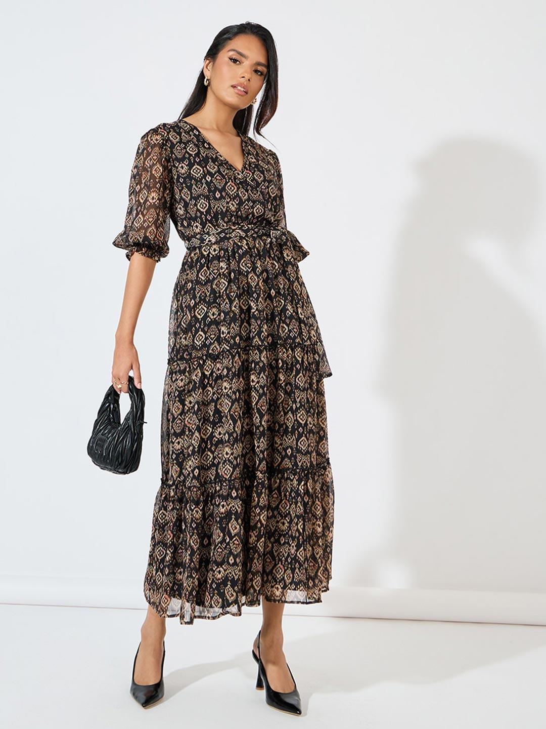 

Styli Women Wrap Maxi Dress With Frill Detail, Black