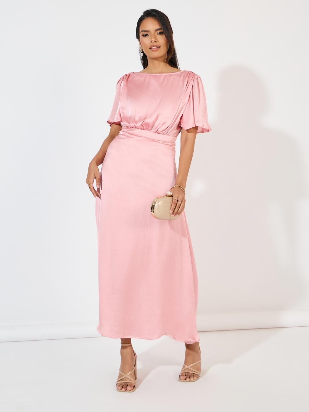 

Styli Flare Sleeve Sheath Maxi Dress, Pink