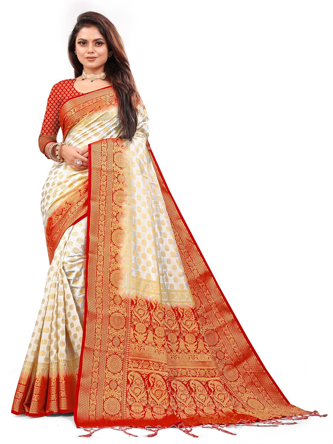 

ANISSA SAREE Woven Design Zari Designer Paithani Saree, White