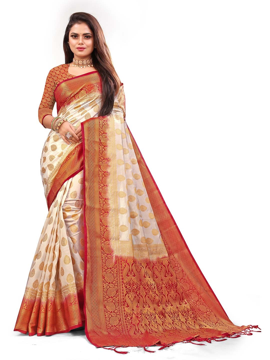 

ANISSA SAREE Woven Design Zari Designer Paithani Saree, Off white