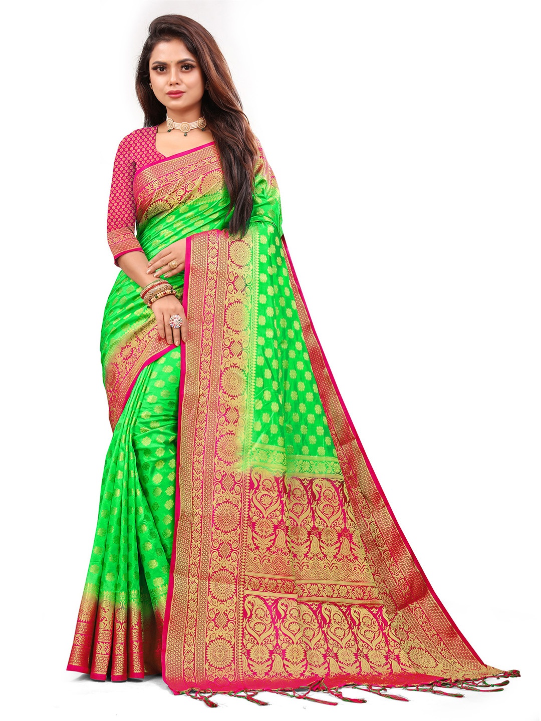

ANISSA SAREE Woven Design Zari Designer Paithani Saree, Fluorescent green