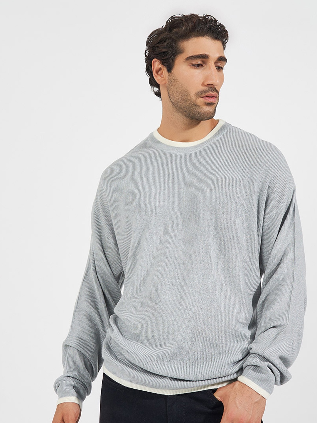 

Styli Men Relaxed Tuck Knit Sweater with Contrast Detail, Grey