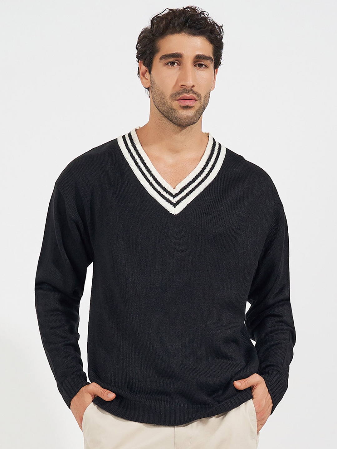 

Styli Men V Neck Varsity Relaxed Lightweight Sweater, Black