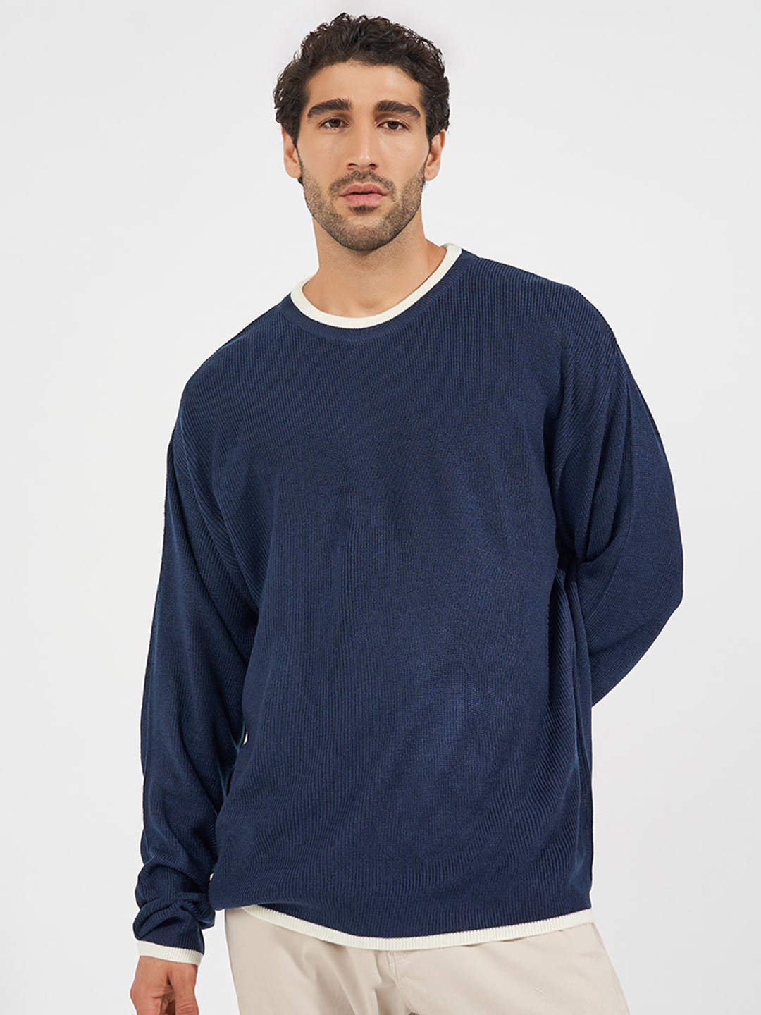 

Styli Men Ribbed Relaxed Lightweight Pullover Sweater, Navy blue