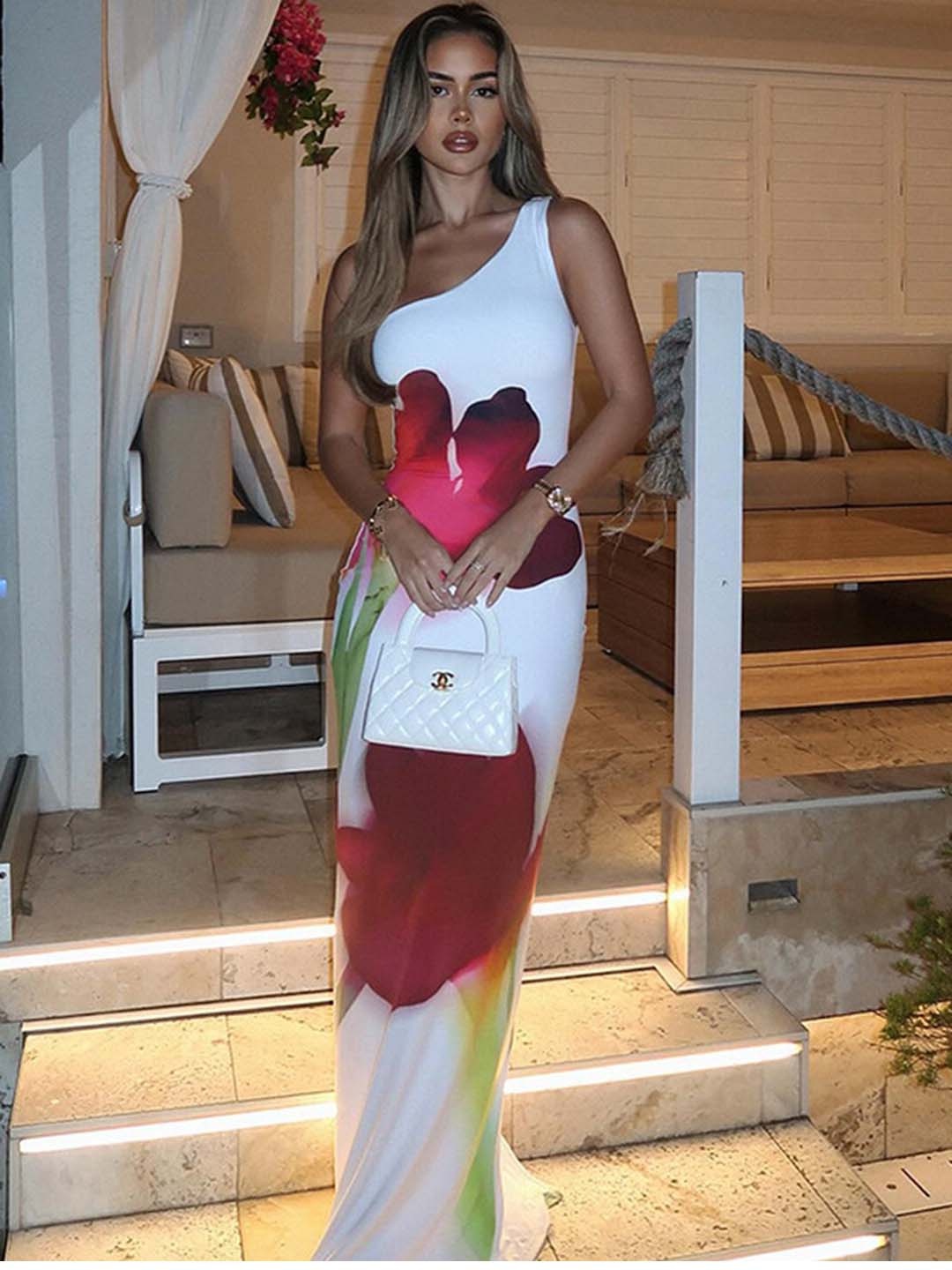 

LULU & SKY Women White Printed Long One-Shoulder Dress