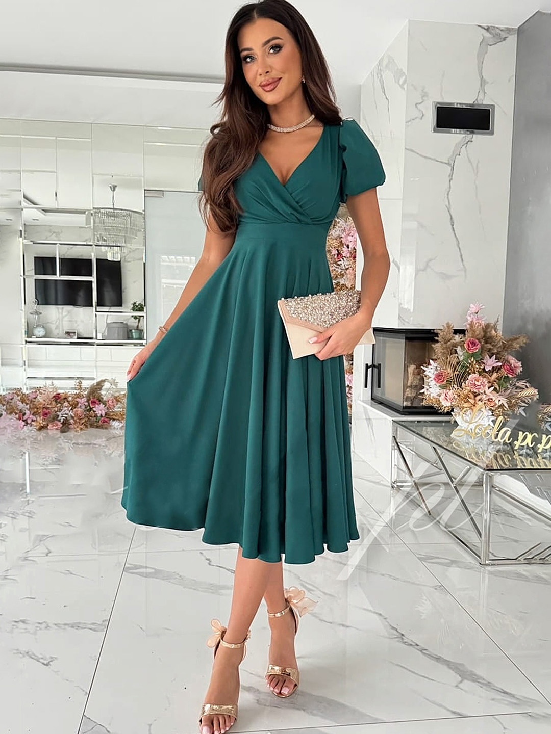 

LULU & SKY Women Puff Sleeves Fit and Flare Dress, Green