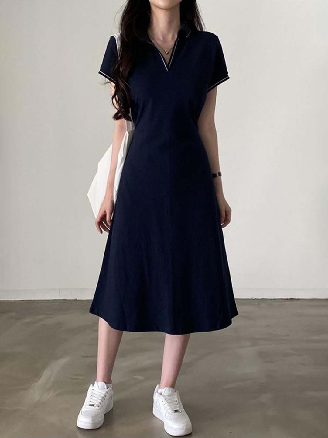 

LULU & SKY V-Neck A-line Cotton Midi Dress, Navy blue