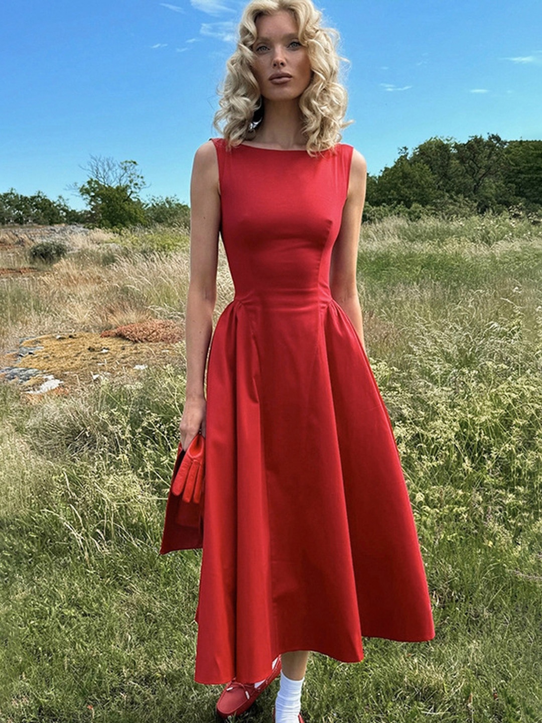 

LULU & SKY Boat Neck Fit and Flare Dress, Red