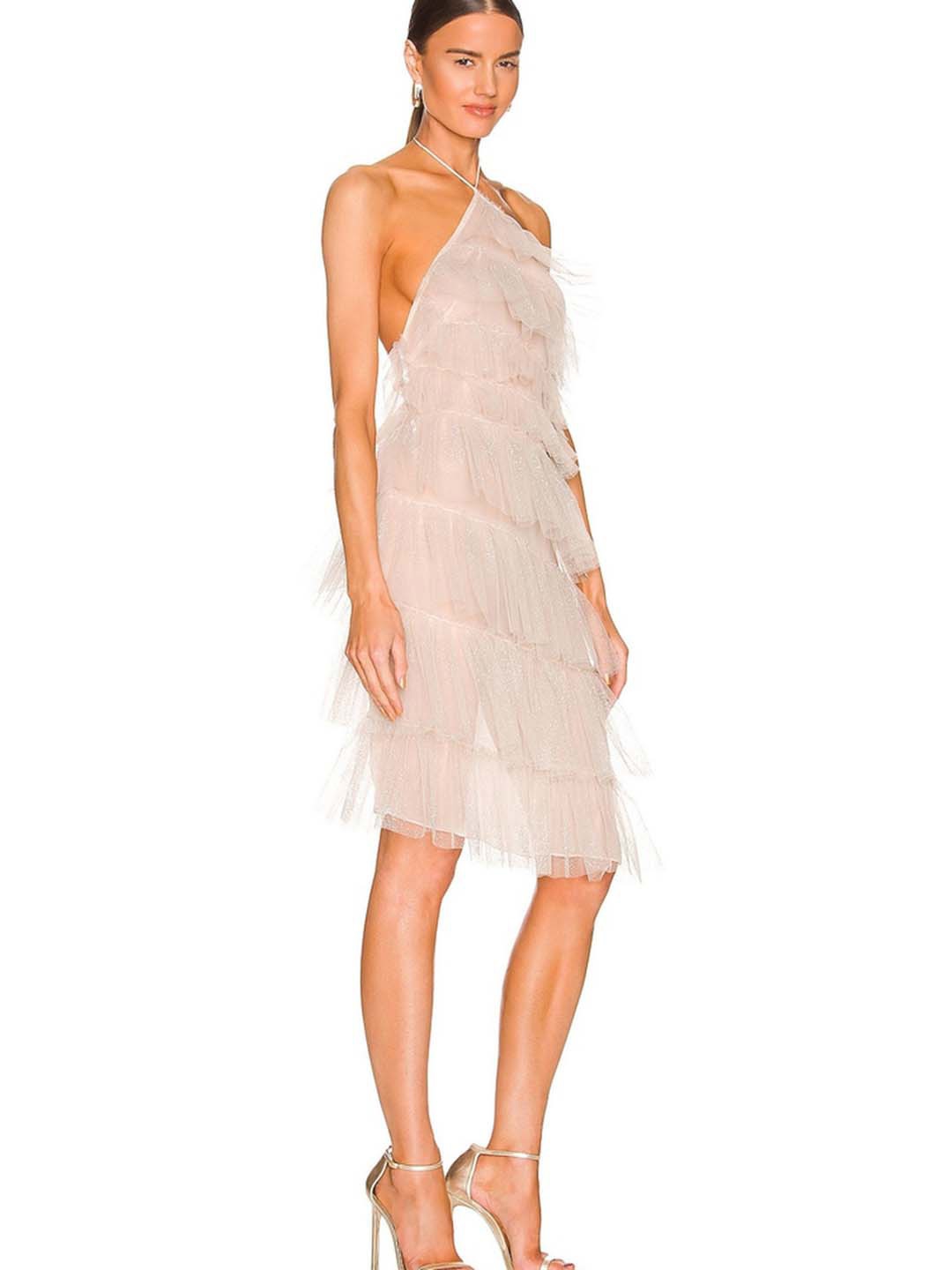 

LULU & SKY Self Design Tiered Frill Dress, Beige