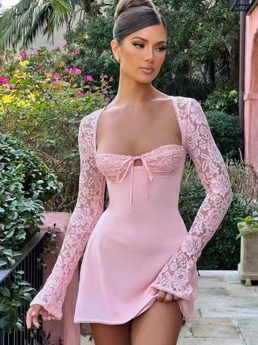 

LULU & SKY Pink Square Neck Solid Bodycon Dress