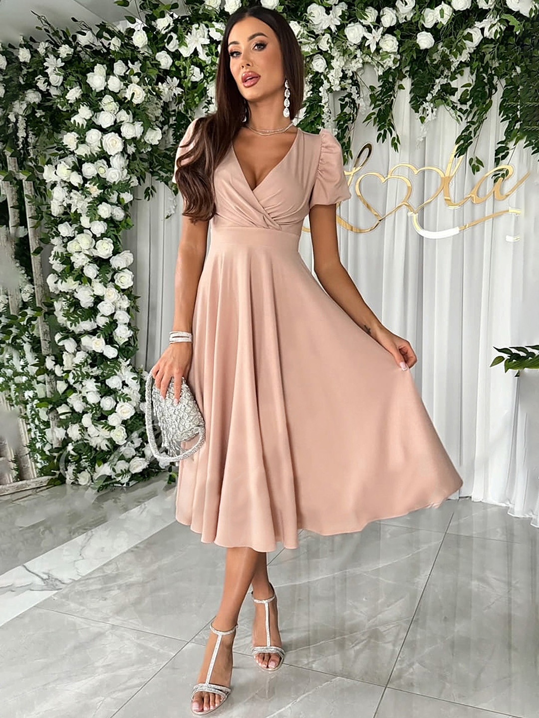 

LULU & SKY Women Puff Sleeves Fit and Flare Dress, Beige