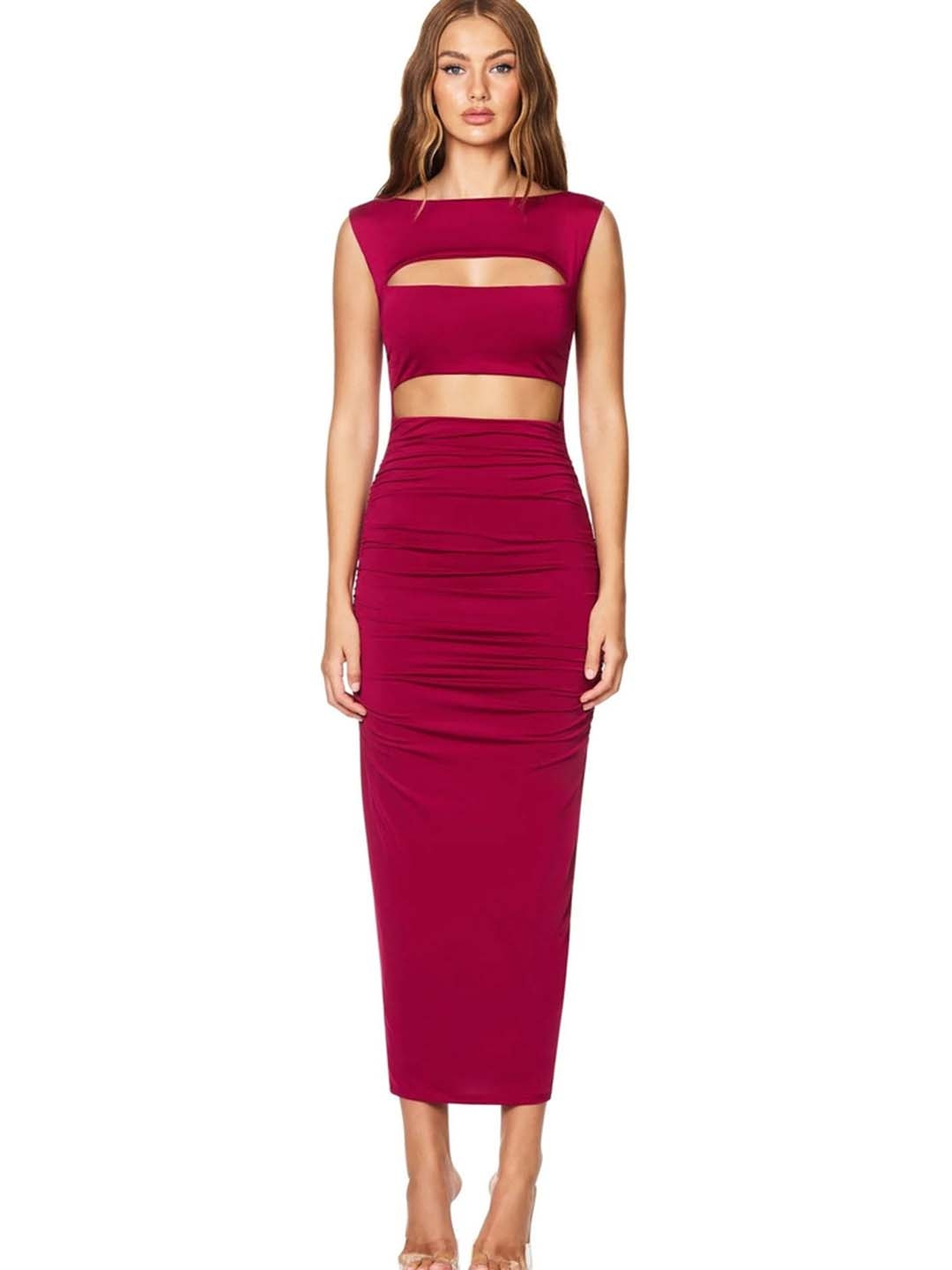 

LULU & SKY Women Ruched Cut-out Detail Dress, Maroon