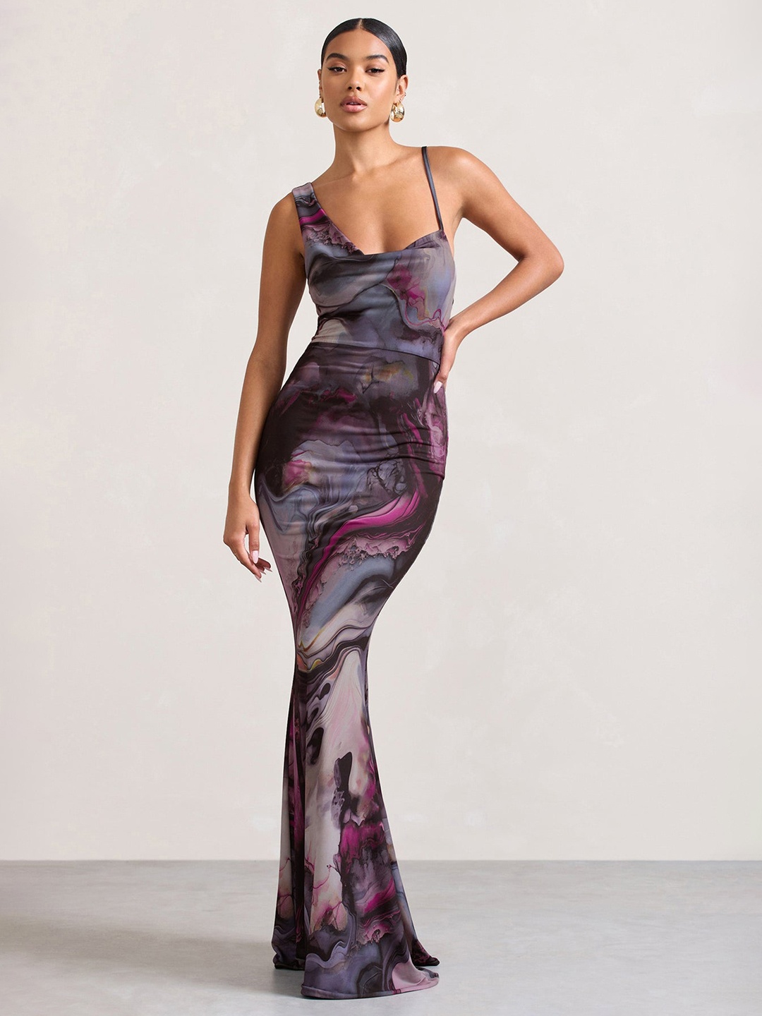 

LULU & SKY Women Abstract Printed Shoulder Straps Bobycon Maxi Dress, Purple