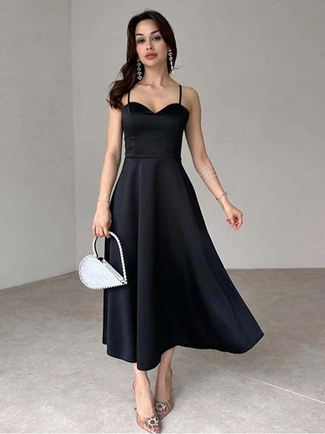

LULU & SKY Women Solid Shoulder Straps Fit & Flare Dress, Black