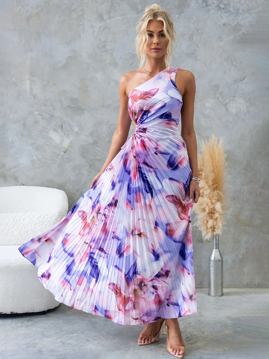 

LULU & SKY Women Purple Printed One-shoulder Pleated Dress