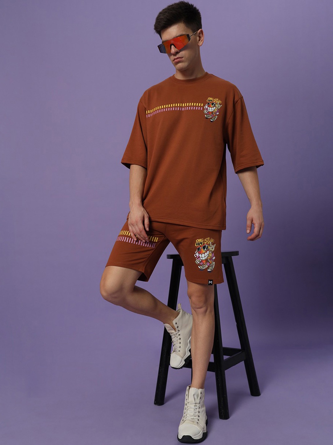 

PockMAN Men Oversized Pure Cotton T-Shirt & Shorts Co-ord Set, Brown