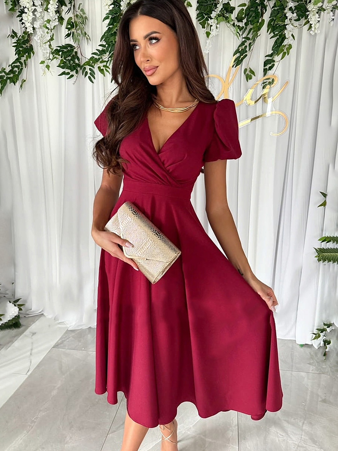 

LULU & SKY Solid V-Neck Puff Sleeves Wrap Midi Dress, Burgundy