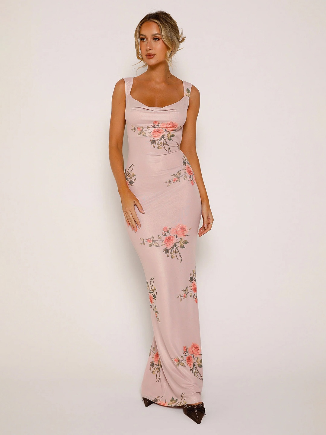 

LULU & SKY Women Shoulder Straps Floral Printed Bodycon Maxi Dress, Pink