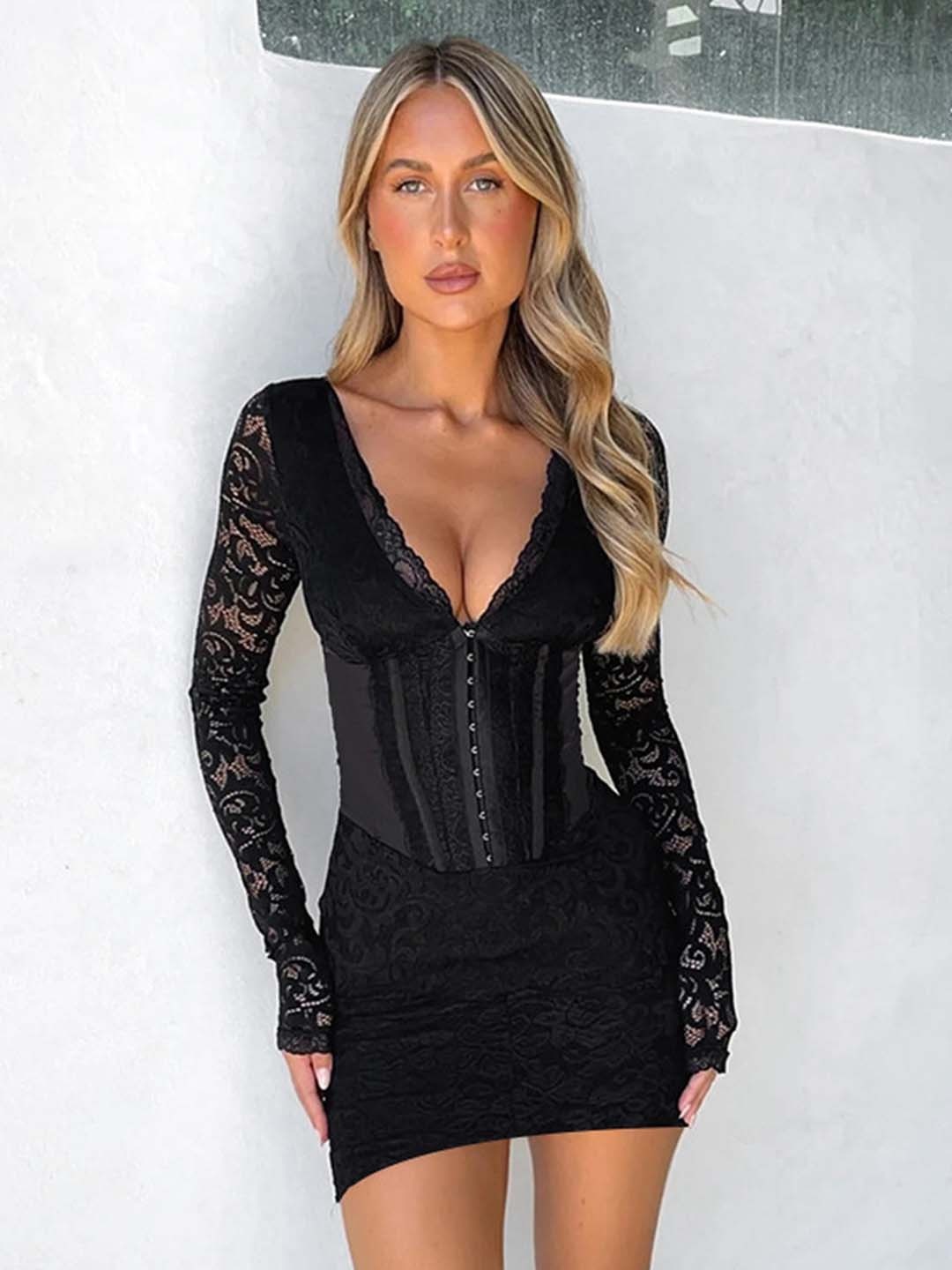 

LULU & SKY Women Self Design Lace Corset Bodycon Dress, Black