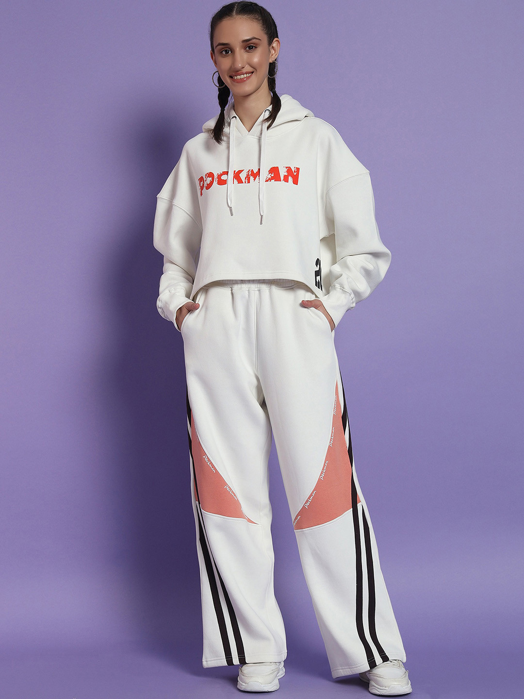 

PockMAN Women Printed Pure Cotton Sweatshirt & Trousers Co-ords, White