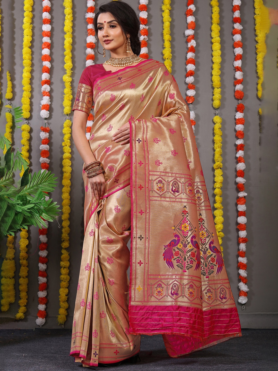 

Royal Rajgharana Saree Woven Design Zari Pure Silk Heavy Work Paithani Sarees, Pink