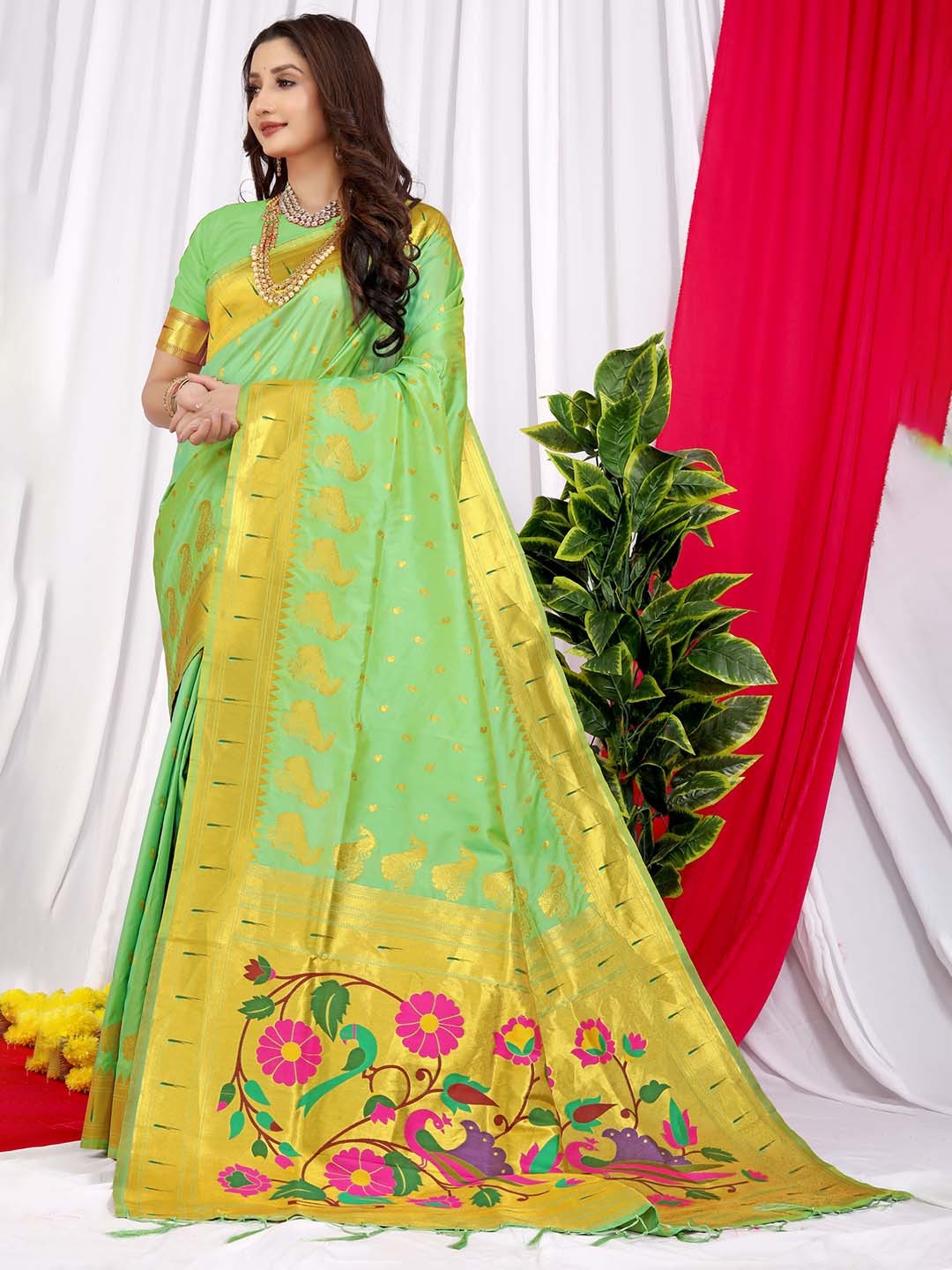 

Royal Rajgharana Saree Woven Design Zari Pure Silk Heavy Work Paithani Sarees, Sea green