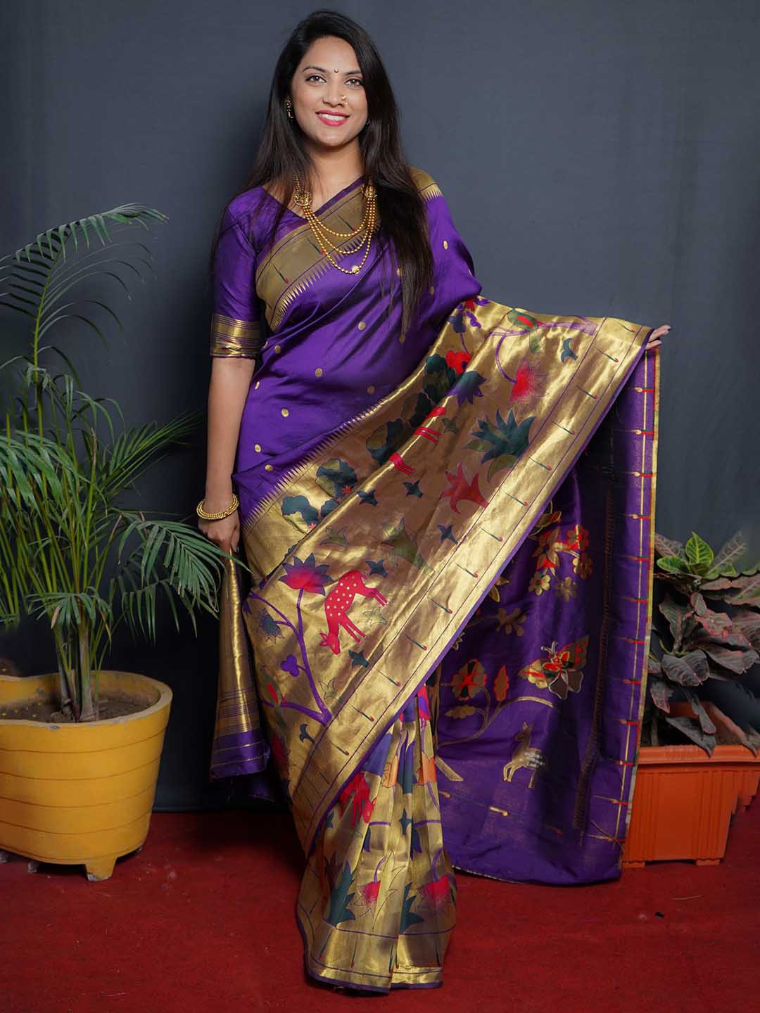 

Royal Rajgharana Saree Woven Design Zari Pure Silk Heavy Work Paithani Saree, Purple