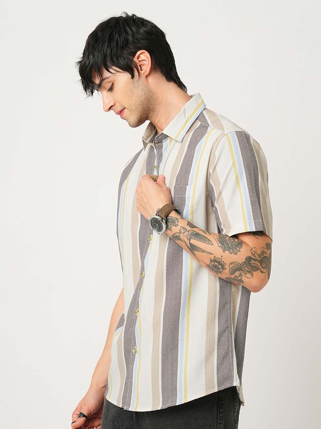 

VASTRADO Men Classic Cutaway Collar Multi Striped Slim Fit Casual Shirt, Beige