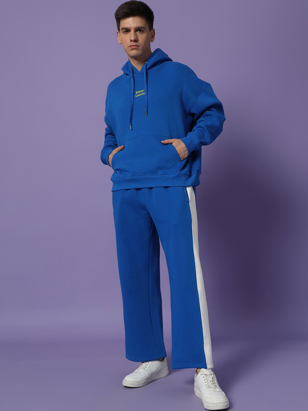 

PockMAN Men Pure Cotton Hooded Sweatshirt & Track Pant Co-ords, Blue