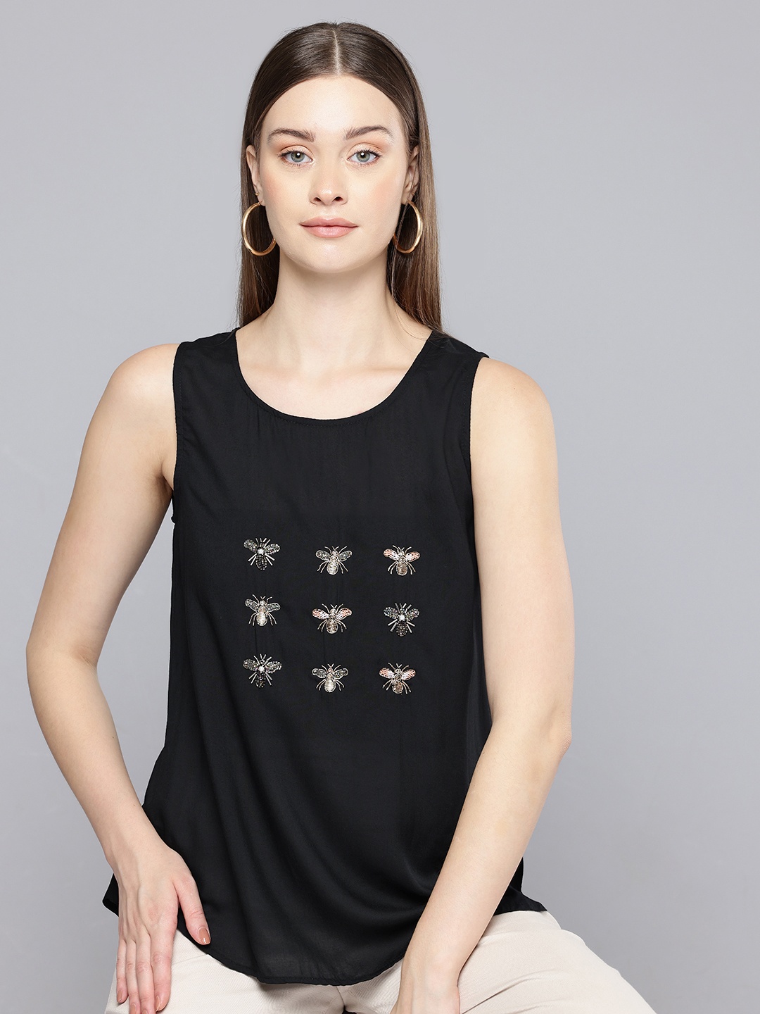 

SCOUP Honey Bee Embroidered Tank Top, Black