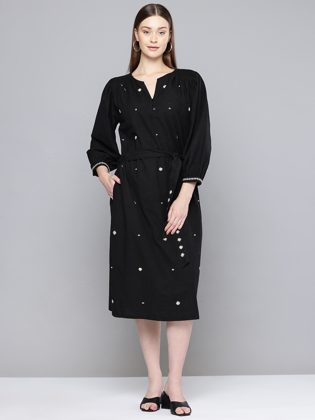 

SCOUP Floral Embroidered Bishop Sleeve Linen A-Line Midi Dress, Black