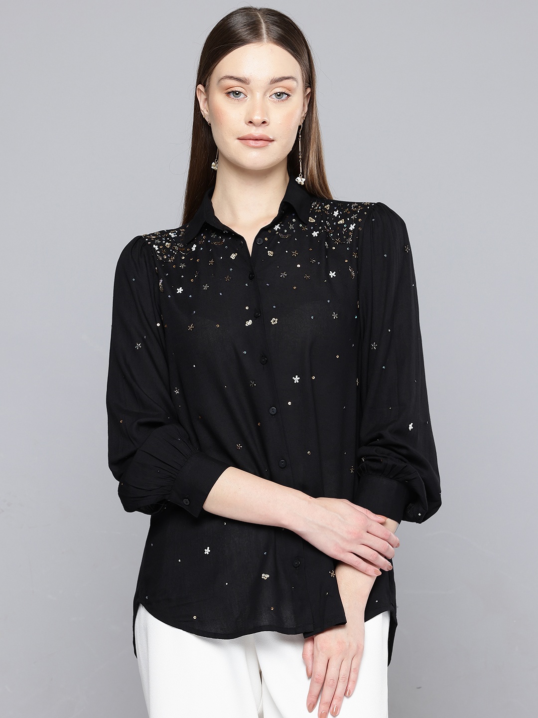 

SCOUP Floral Embellished Casual Shirt, Black