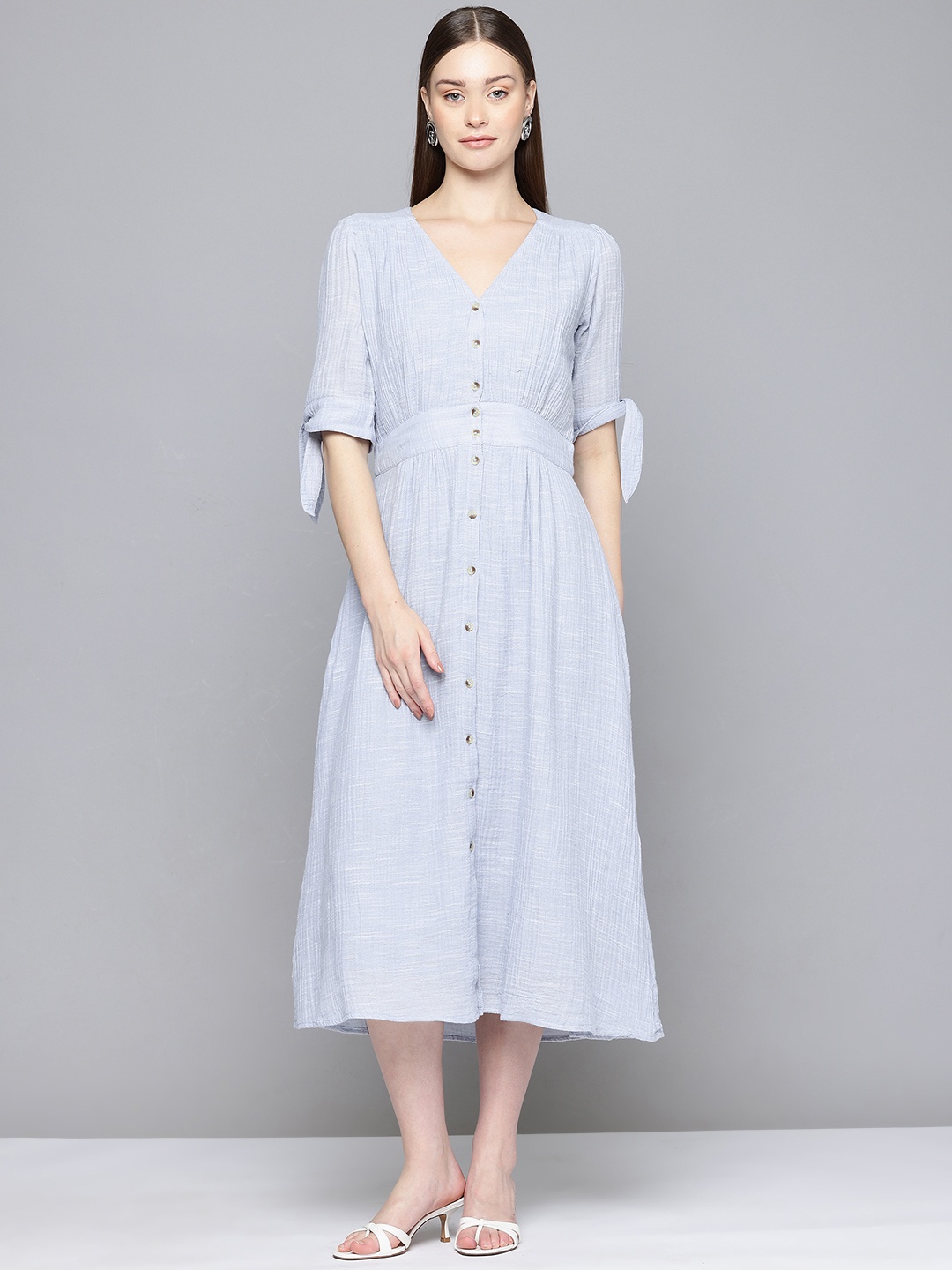 

SCOUP Puff Sleeve Fit & Flare Midi Dress, Blue