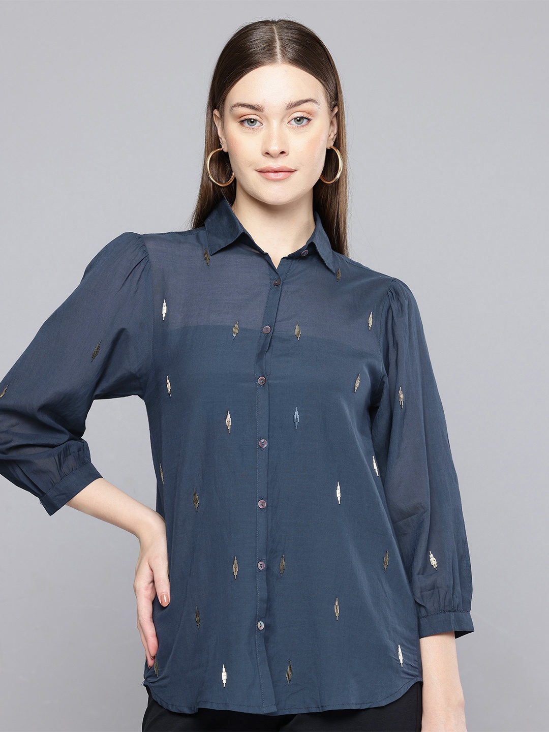 

SCOUP Embellished Semi Sheer Party Shirt, Blue