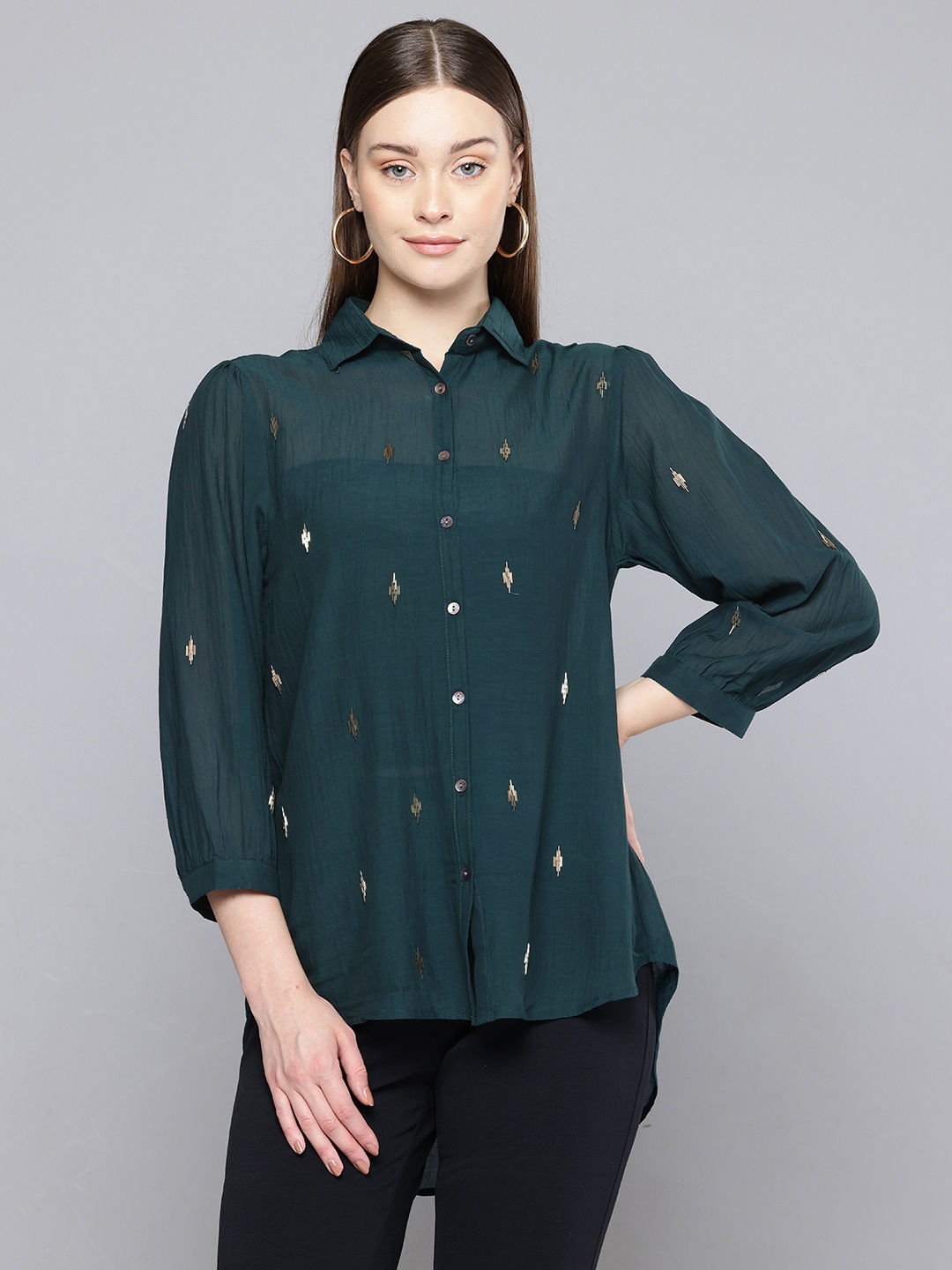 

SCOUP Embellished Semi Sheer Party Shirt, Green