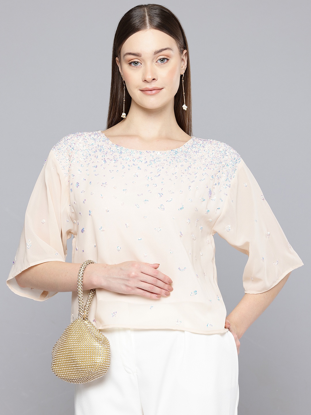 

SCOUP Embellished Georgette Boxy Top, Beige