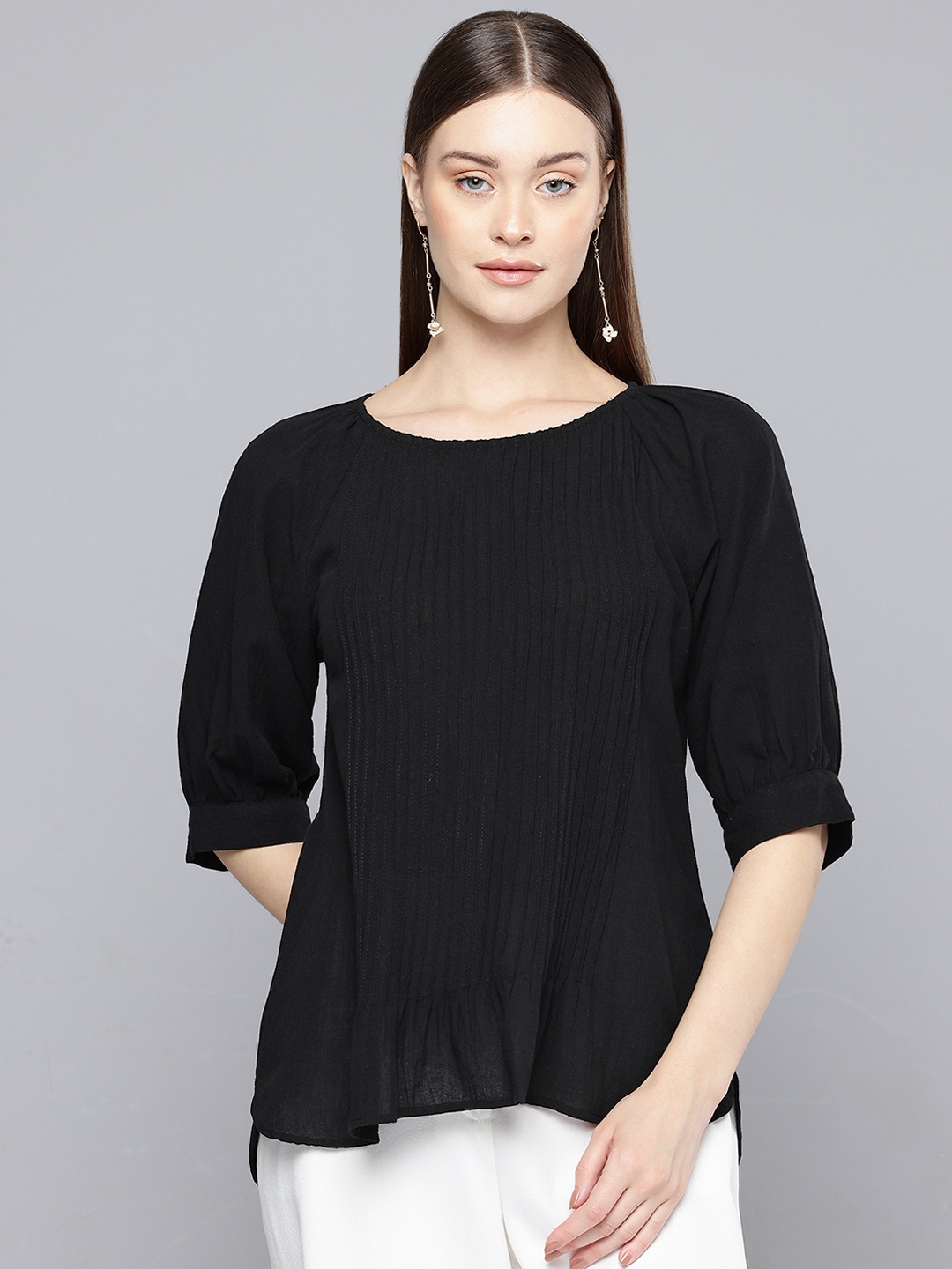 

SCOUP Puff Sleeve Cotton Top, Black