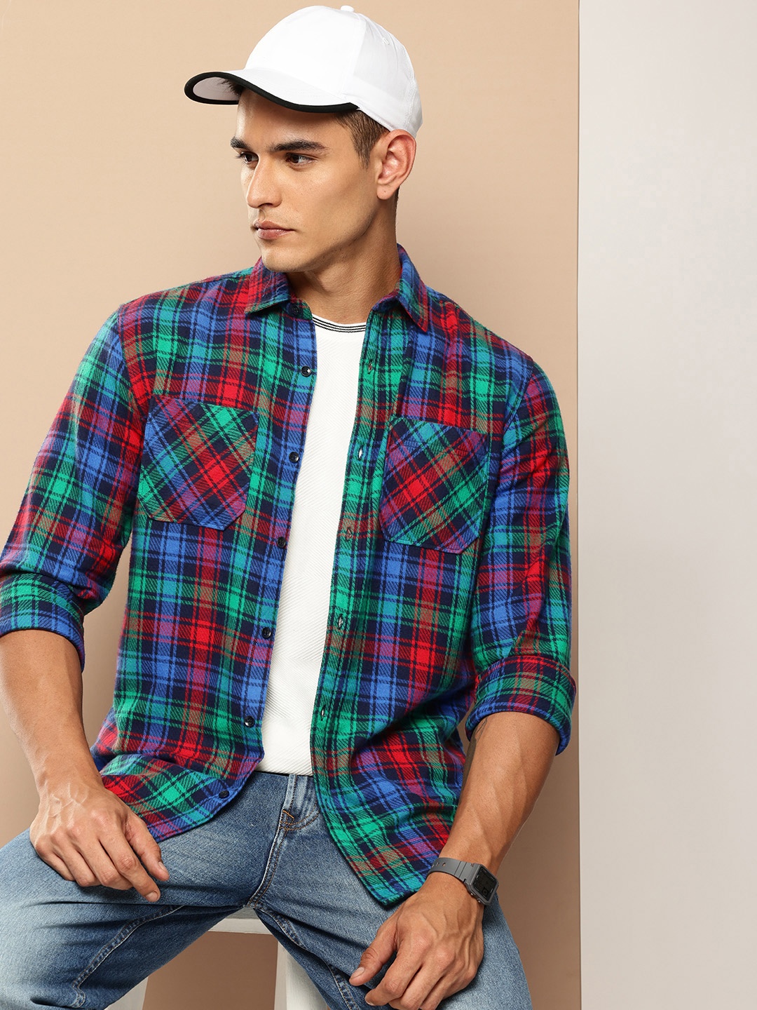 

Difference of Opinion Men Standard Checked Pure Cotton Casual Shirt, Blue