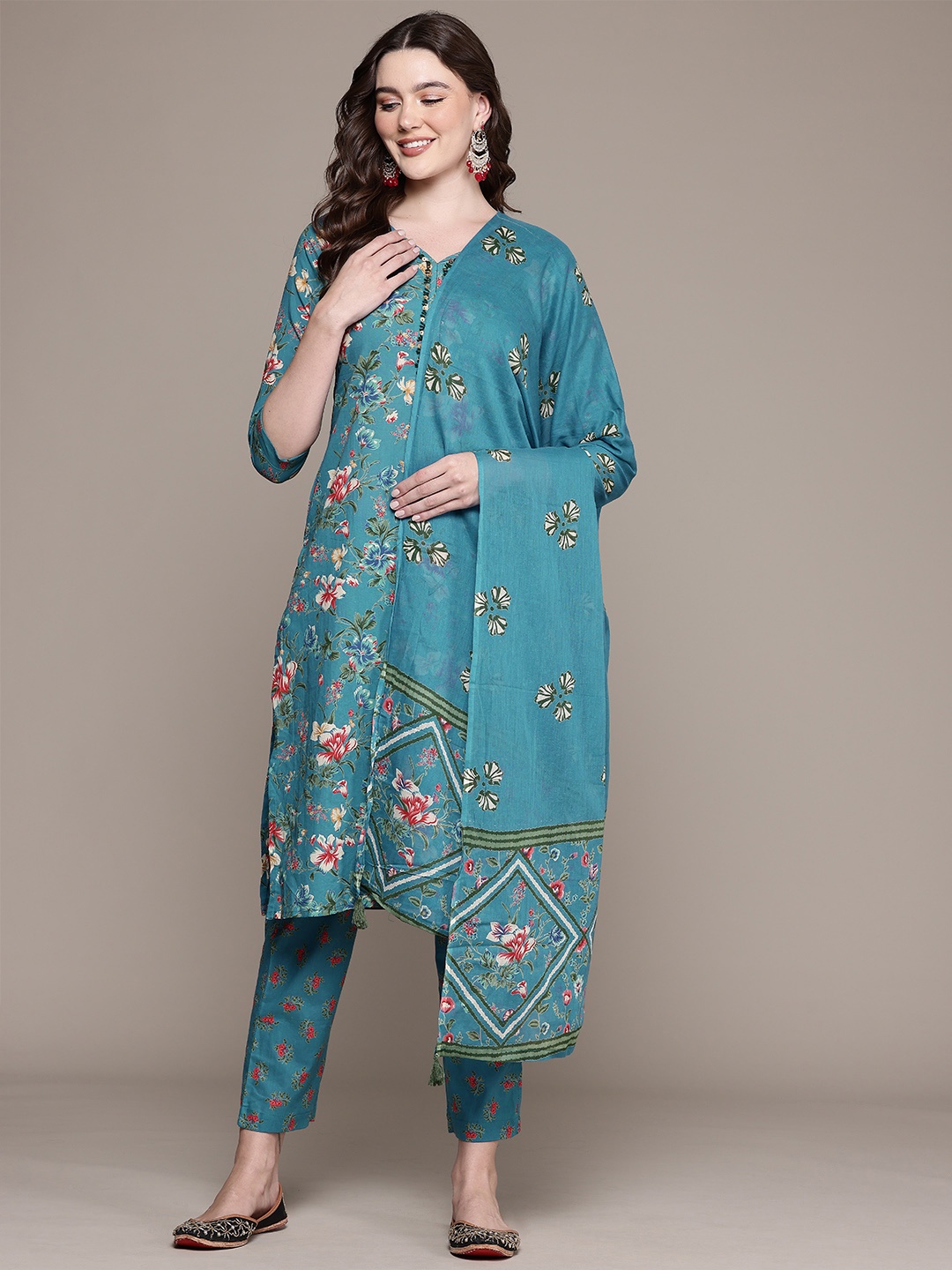 

Readiprint Floral Printed Thread Work Pure Cotton Kurta Set, Teal