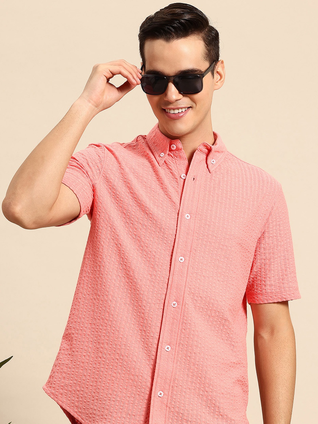 

Mast & Harbour Men Smart Textured Casual Shirt, Coral