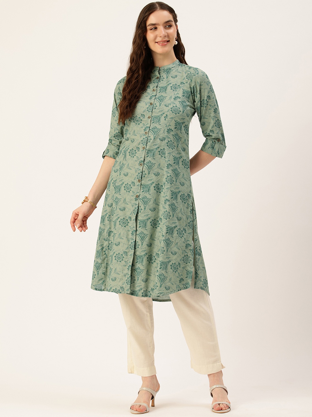 

AMUKTI Floral Printed Mandarin Collar Kurta, Green