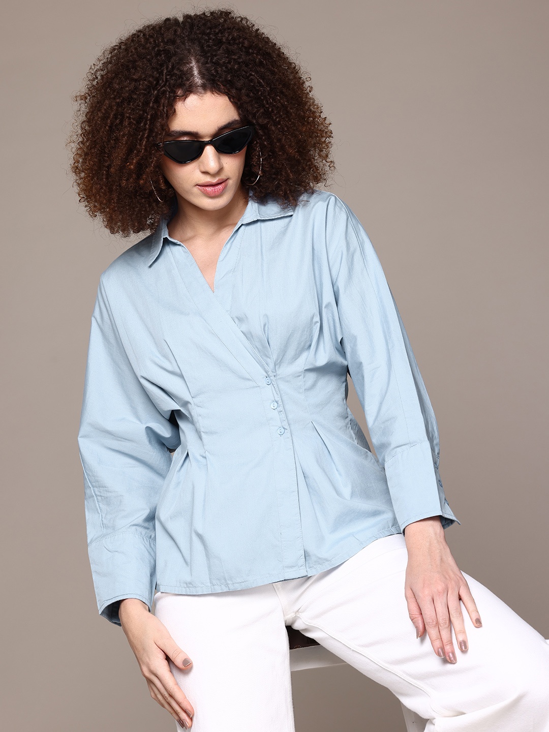 

The Roadster Lifestyle Co. Cinched Waist Classic Dolman Sleeve Pure Cotton Casual Shirt, Blue