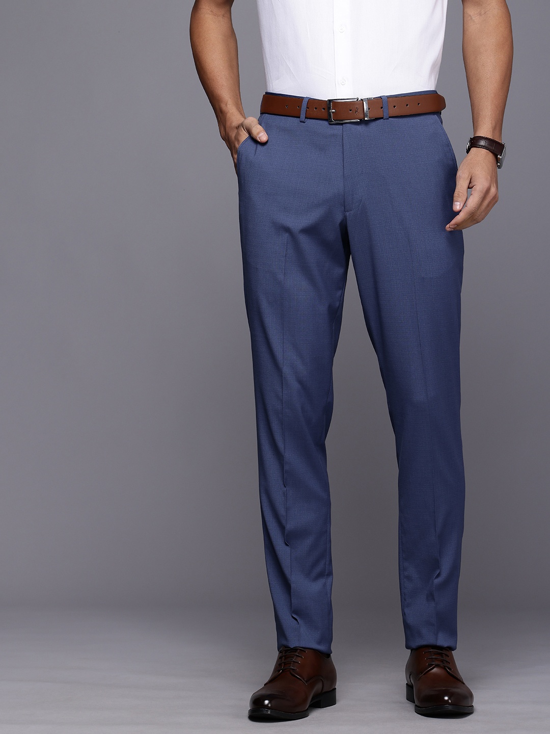 

Theme Men Smart Slim Fit Trousers, Blue